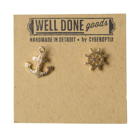 Anchor & Helm Gold Stud Earrings, Well Done Goods