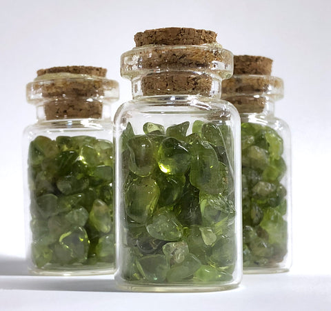 Arizona Peridot Tumbled Chips in Small Glass Bottle
