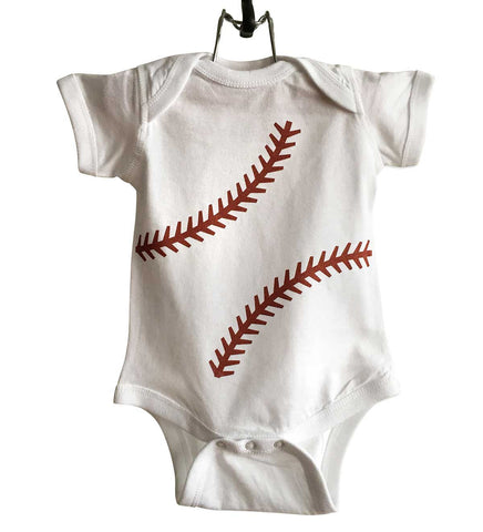 Baseball Stitching Baby Onesie, rust print on white. Well Done Goods