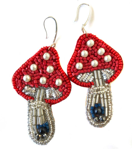 Beaded Mushroom Dangle Earrings, Red & White Fly Agaric