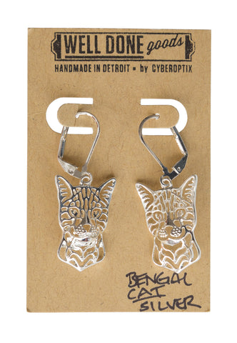 Bengal Cat Silver Dangle Earrings, Well Done Goods