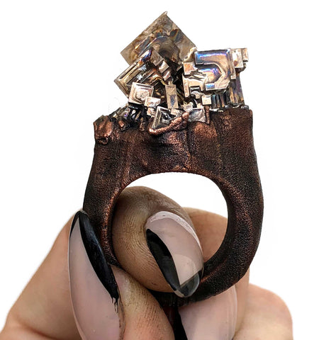 Bismuth Crystal Ring, Large Electroformed Copper Band