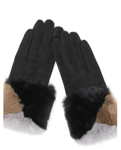 Colorblock Fur Trimmed gloves, Faux Fur Women's Gloves