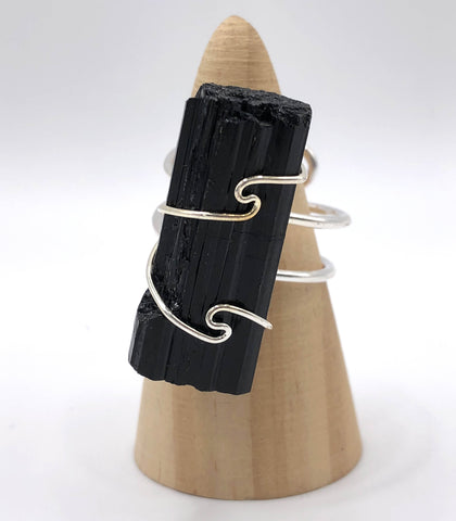 Large Black Tourmaline Raw Stone Adjustable Ring, wire cage band