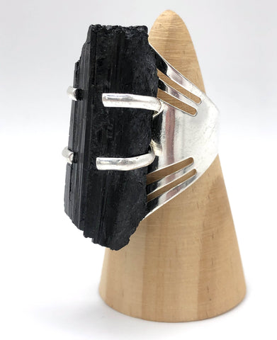 Black Tourmaline Crystal Ring. Adjustable Raw Stone Ring, Geometric Band. Choose Silver or Gold