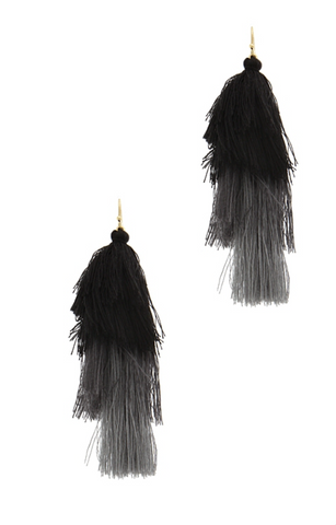 Black Variegated Tassel Earrings, Long Waterfall Drop. Well Done Goods