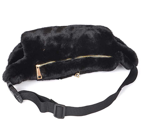Fuzzy Hand Warmer Fanny Pack, Black Faux Fur