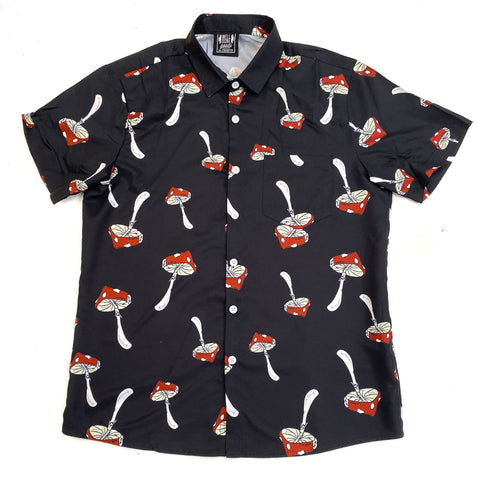 Mushroom Print Short Sleeve Button-up Shirt. Black & Red Fly Agaric, Amanita Muscaria
