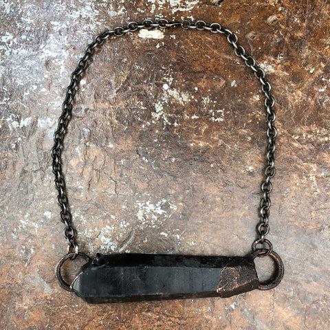Tibetan Black Quartz Crystal Pendant, Electroformed Horizontal Dual Loop