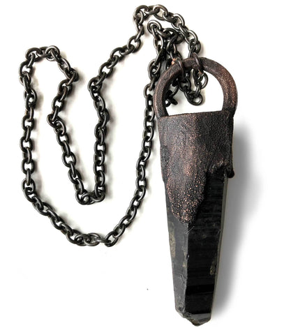 Tibetan Black Quartz Crystal Pendant, Extra Large. Oxidized Electroformed Copper