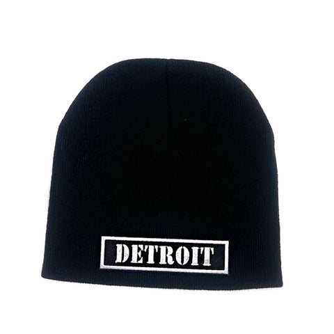 Detroit Stencil Patch Skullcap, Black Brimless Beanie, Biker Style Patch