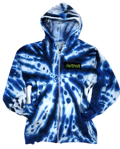 XL Peak Detroit Patch Hoodie, Limited Edition Blue Swirl Tie Dye. Unisex Zip Up Hooded Sweatshirt