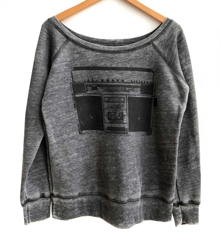 Boombox Print Women's Wide Neck Sweatshirt, acid wash grey, Well Done Goods