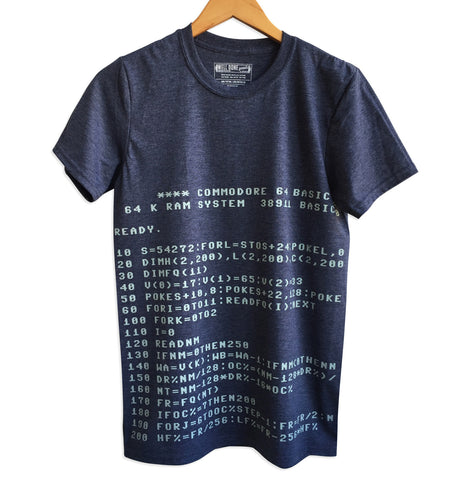 C64 Commodore BASIC Code T-Shirt, Heather navy.  Well Done Goods