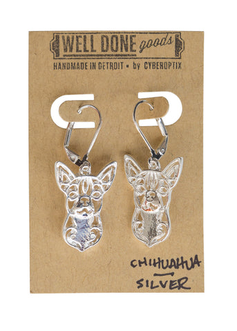Chihuahua Silver Dangle Earrings, Well Done Goods