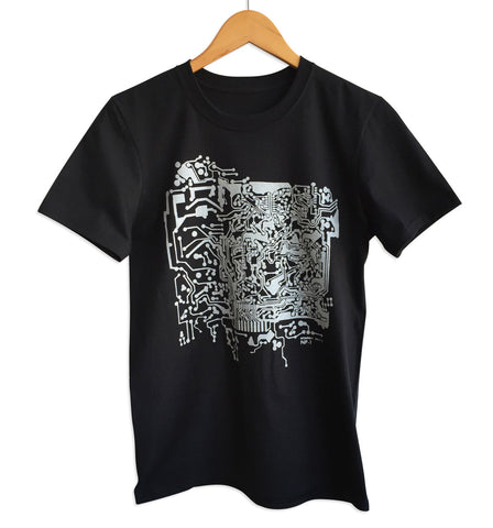 Circuit Board Print T-Shirt, black and silver. Well Done Goods by Cyberoptix
