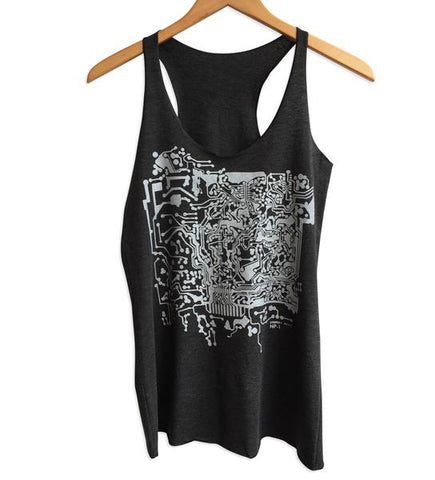 Circuit Board Print Women's Tank Top, silver on heather charcoal. Well Done Goods