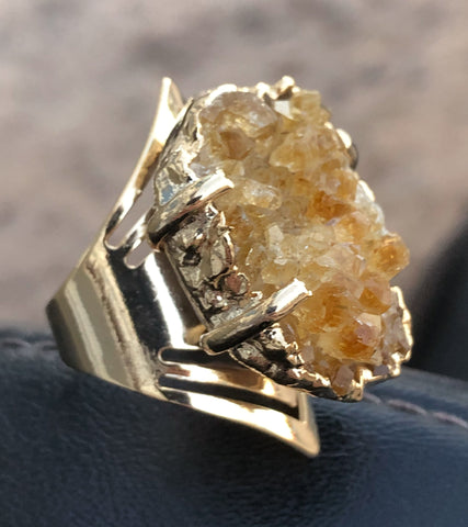 Citrine Crystal Cluster Adjustable Ring, gold