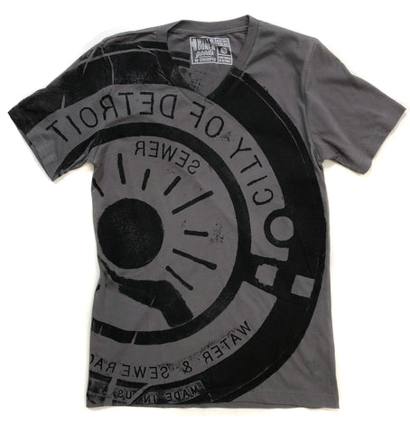 Manhole Cover Print T-Shirt, Spirit of Detroit. Grey V-Neck
