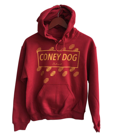 Coney Dog Party Unisex Mustard on Cardinal Red Pullover Hoodie, Flying Wieners and Buns, Well Done Goods