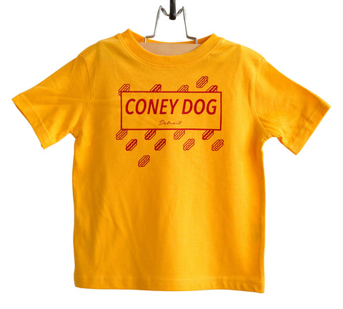 Coney Dog Party Red on Mustard Yellow Toddler T-shirt, Flying Wieners and Buns, Well Done Goods