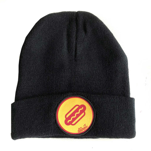 Coney Dog Detroit Beanie Cap, Black Skullcap. Well Done Goods