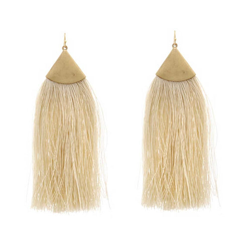 Cream Tassel Earrings, Brass Triangle Accent. Well Done Goods