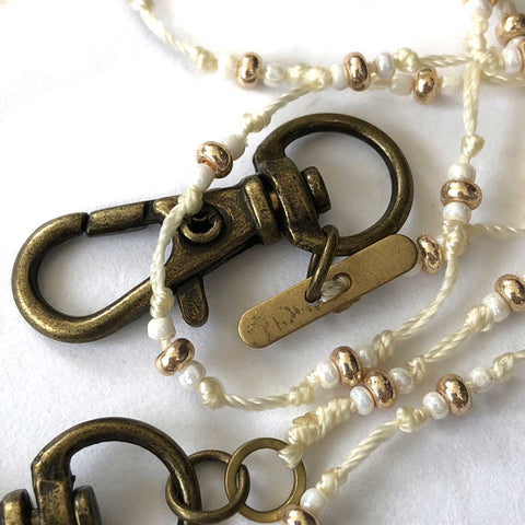Cream Seed Bead Mask Holder, beaded facemask leash