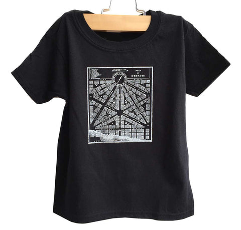 Detroit Map Toddler T-Shirt, 1831 Vintage City Map. Black. Well Done Goods