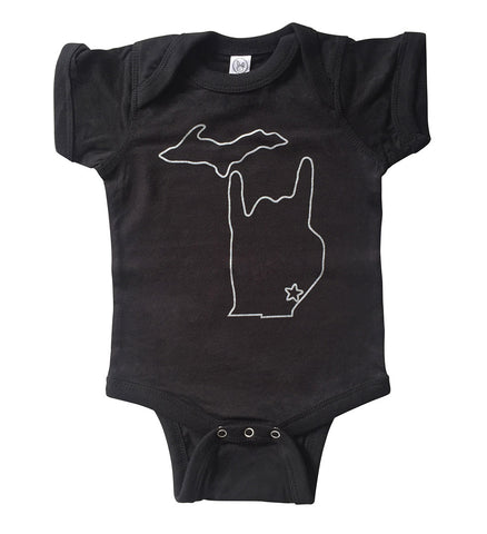 Metal Mitten Baby Onesie, Detroit Rock City Creeper, Well Done Goods
