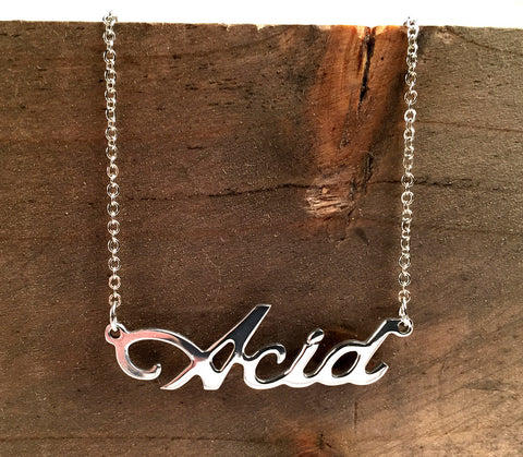 Acid Techno script nameplate necklace, silver. By well done goods