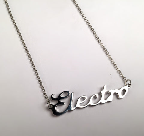 Detroit Music Script Necklace, Electro. Silver nameplate