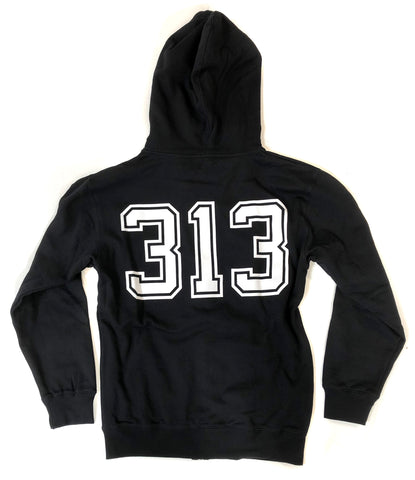 313 Zip Hoodie, Detroit Renaissance Trefoil Black Unisex Hooded Sweatshirt