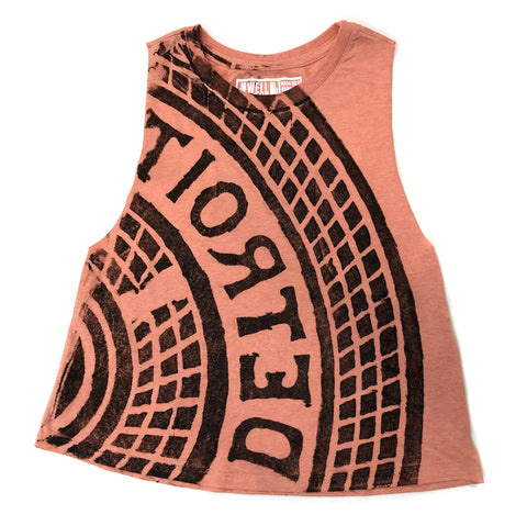 Manhole Cover Tank Top, Detroit Tire Print. Women's Raw Edge Racerback Tank, Heather Sunset