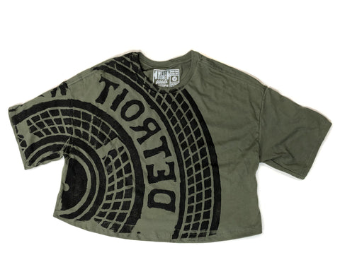 Manhole Cover Women's Cropped T-Shirt. Detroit Tire Print, Olive Drab Crop Top