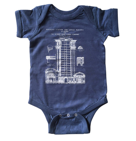 Blueprint Baby Onesie, MCS Detroit Train Station, Well Done Goods
