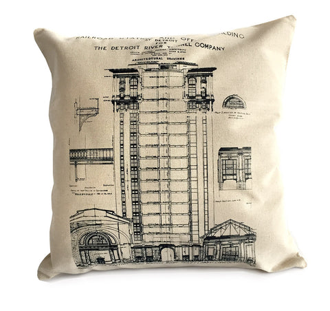 MCS Detroit Train Station Throw Pillow, Natural Cotton