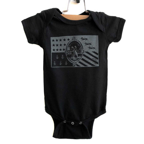 Detroit City Flag Baby Onesie. 1940s Flag, Black on Black. Well Done Goods