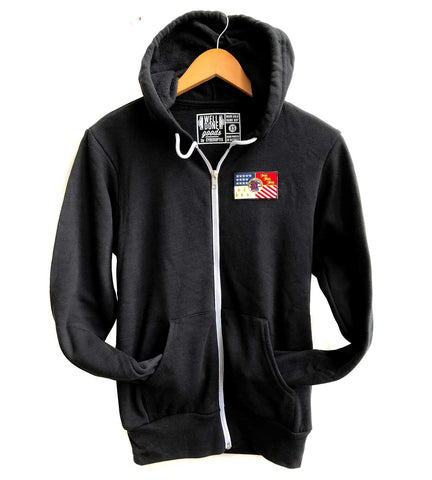 Detroit City Flag Patch Zip Hoodie, Unisex Sweatshirt, Black.  Well Done Goods