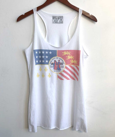 Detroit City Flag Tank Top. White Vintage Style Women's Racer Back Tank