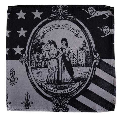1940s Detroit City Flag Pocket Square, Black on Dark Silver, Well Done Goods