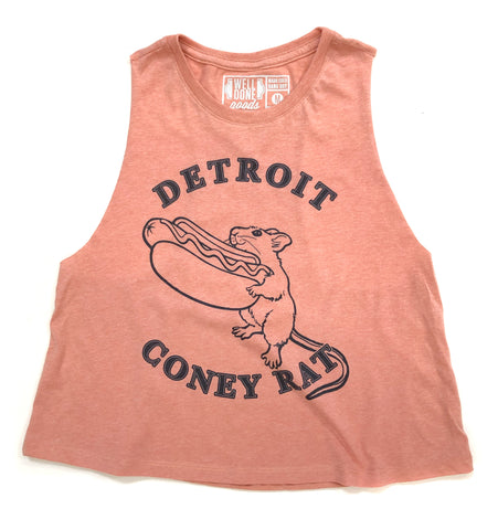 Detroit Coney Rat Tank Top. Coney Island Cropped Women's Raw Edge Racerback Tank, Heather Sunset