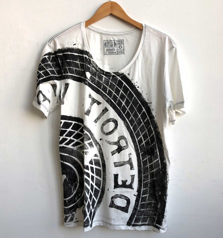 Manhole Cover T-Shirt, Detroit Tire Print, black on white wide neck