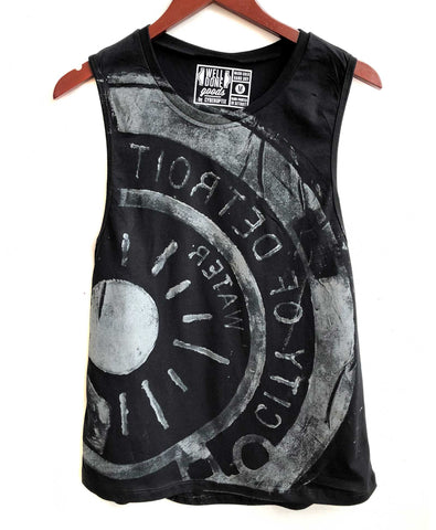 Manhole Cover Tank Top, Spirit of Detroit. Dove grey on black women's muscle tank