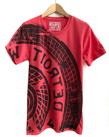 Detroit Manhole T-Shirt. Tire Print, Heather Red triblend. Well Done Goods