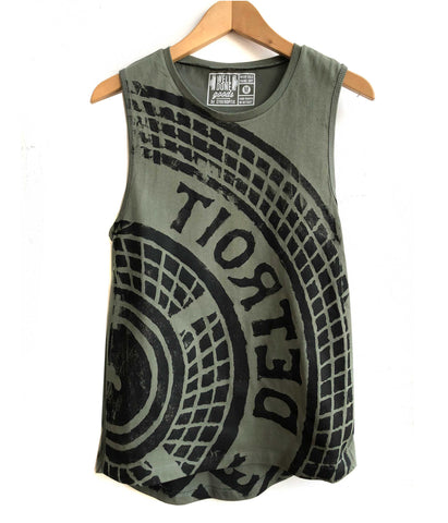 Manhole Cover Muscle Tank, Detroit Tire Print. Military Green Women's Tank Top