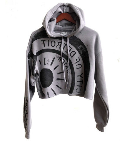 Manhole Cover Print Women's Cropped Pullover Hoodie, Spirit of Detroit. Black on Storm Grey. Well Done Goods