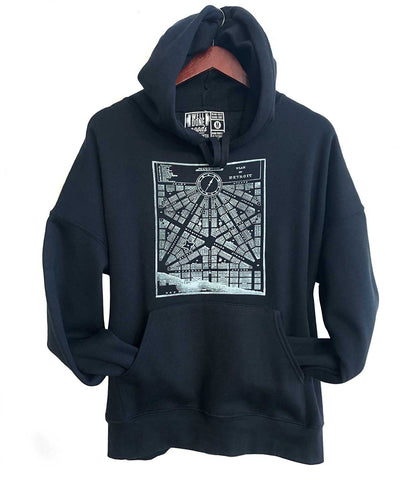 Detroit Map Pullover Hoodie, 1800 City Plan Unisex Hooded Black Sweatshirt.