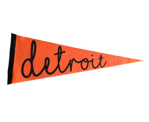 Vintage Style Detroit Felt Pennant Flag, black script on orange. Well Done Goods