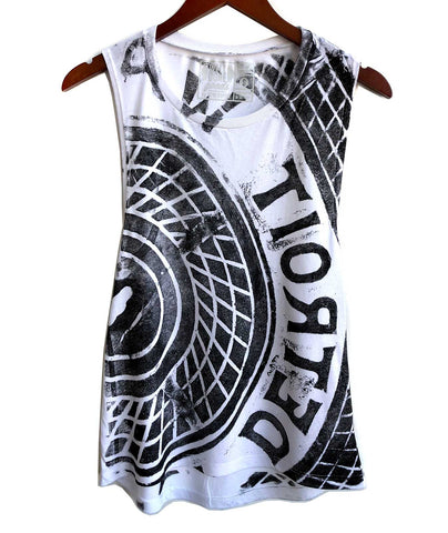 Manhole Cover Tank Top, Detroit Tire Print. Women's Flowy Muscle Tank. Black print on white